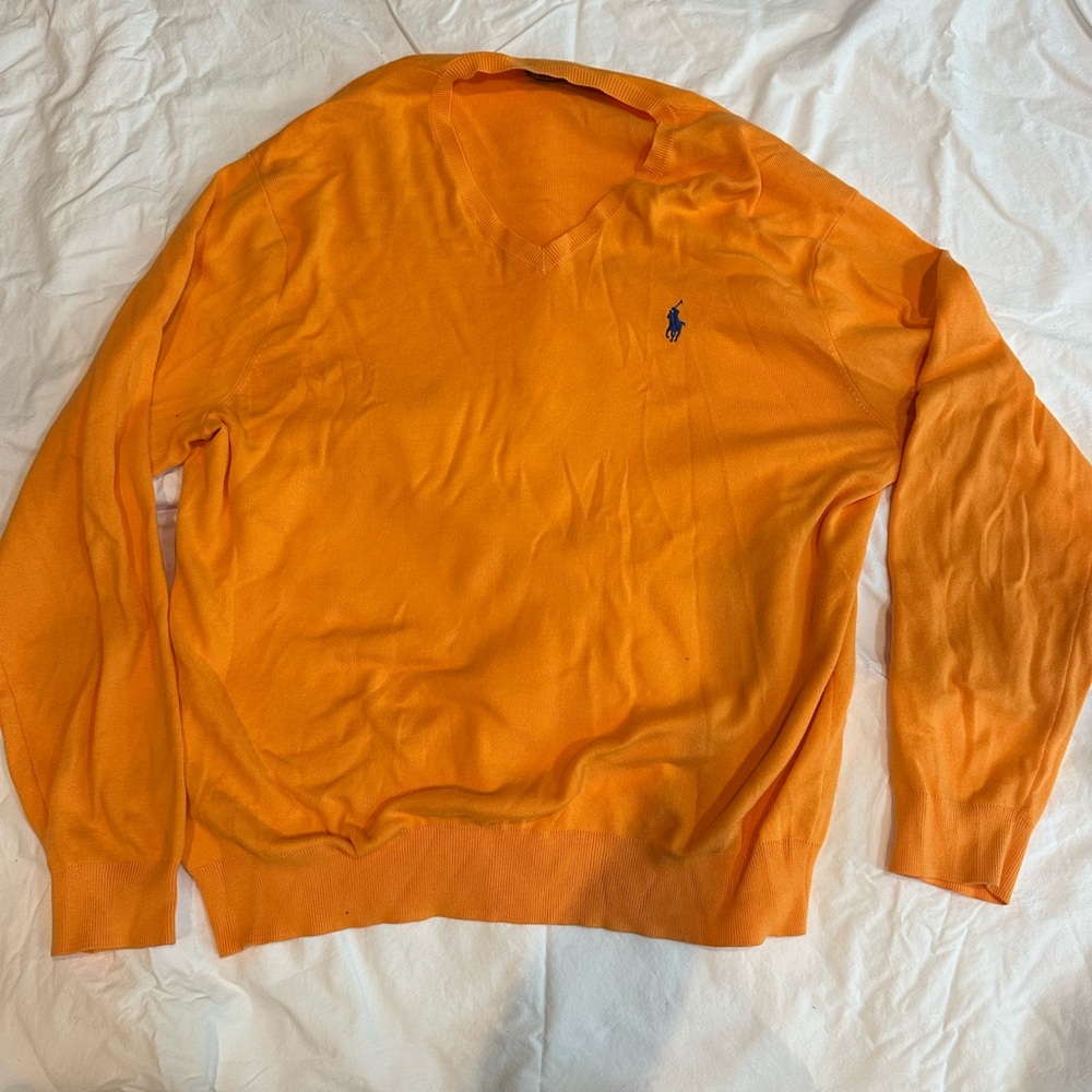 Polo by Ralph Lauren Men's Bright Orange V-Neck Sweater with Navy Pony